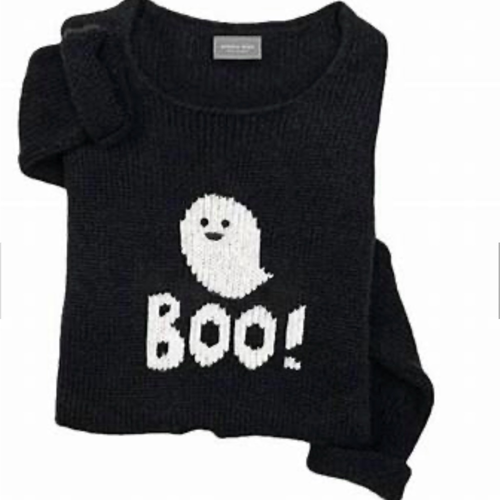 Wooden Ships Ghost Boo Halloween black sweater size Large